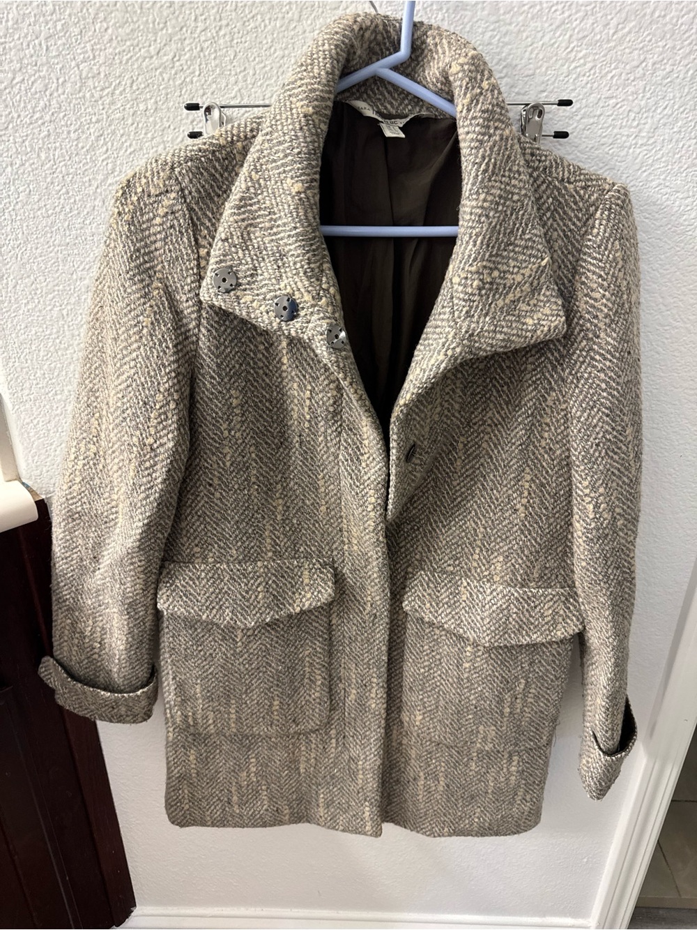 Zara Neutral Herringbone Wool-Blend Peacoat